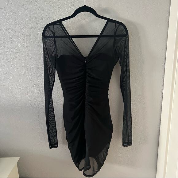 Cinq À Sept Grant Black Ruched Mesh Mini Dress - Picture 5 of 7